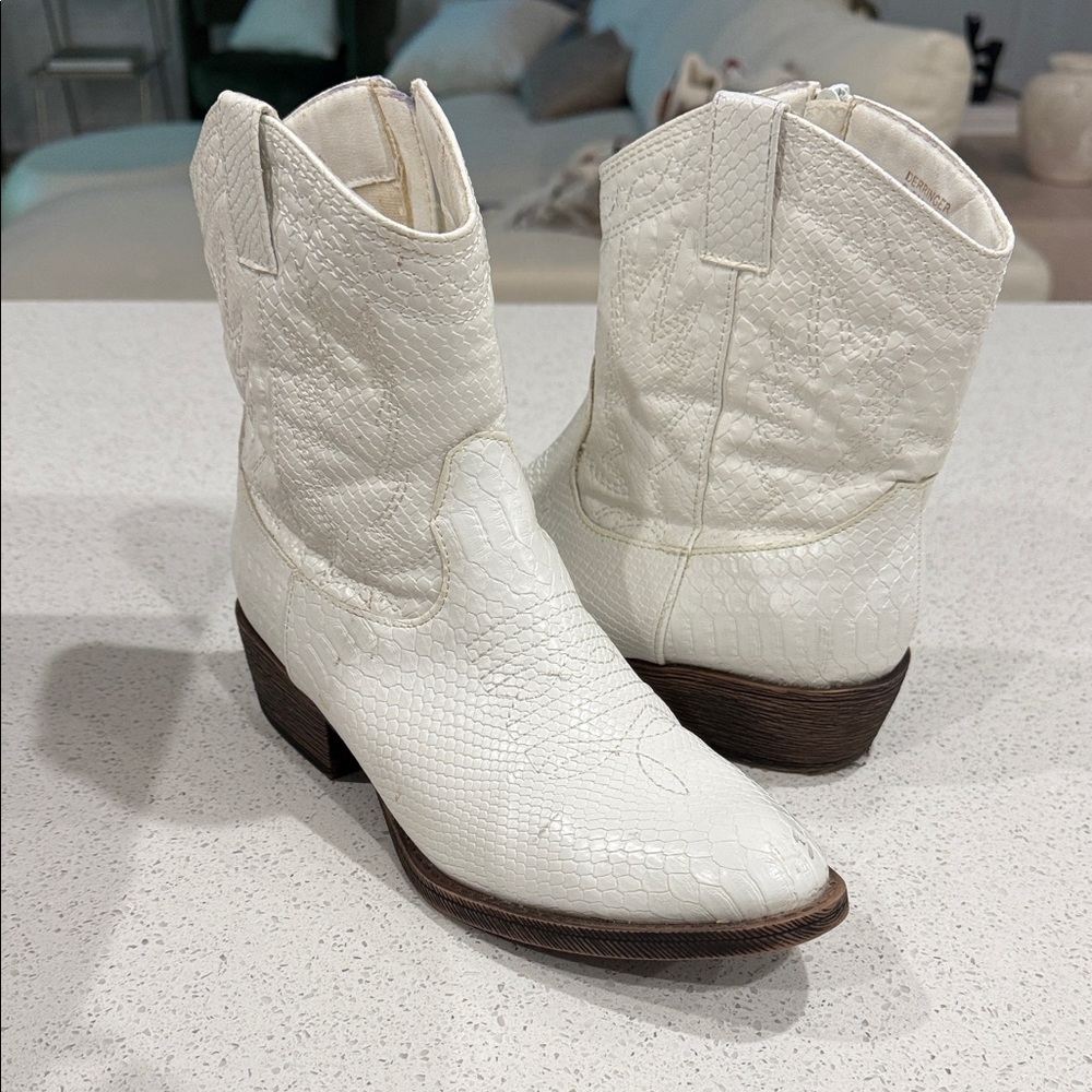 White Western Faux Snakeskin Textured Ankle Boots